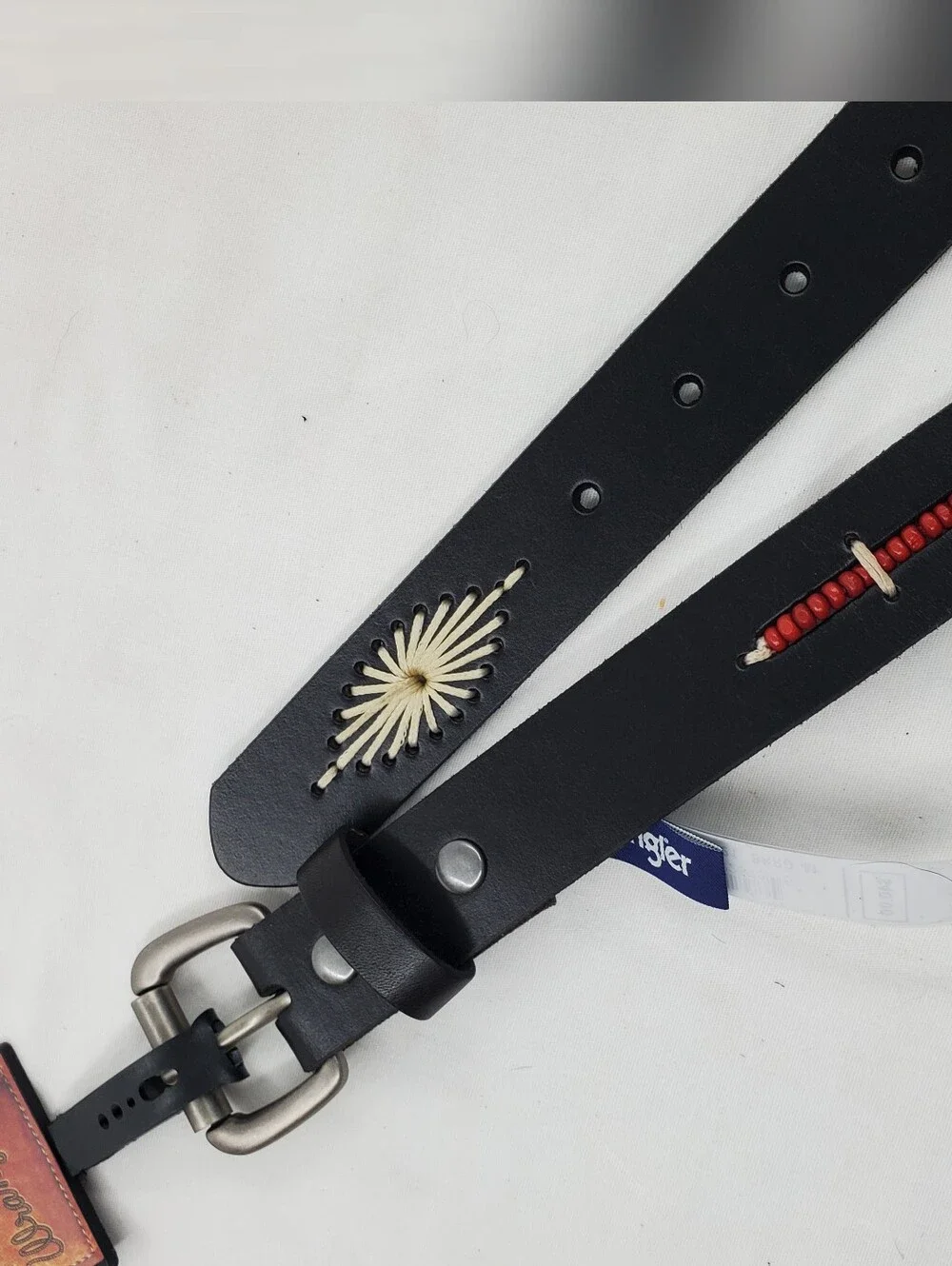 Wrangler Women's Black Leather Belt with Cream Sunburst Inlays and Red Beadwork